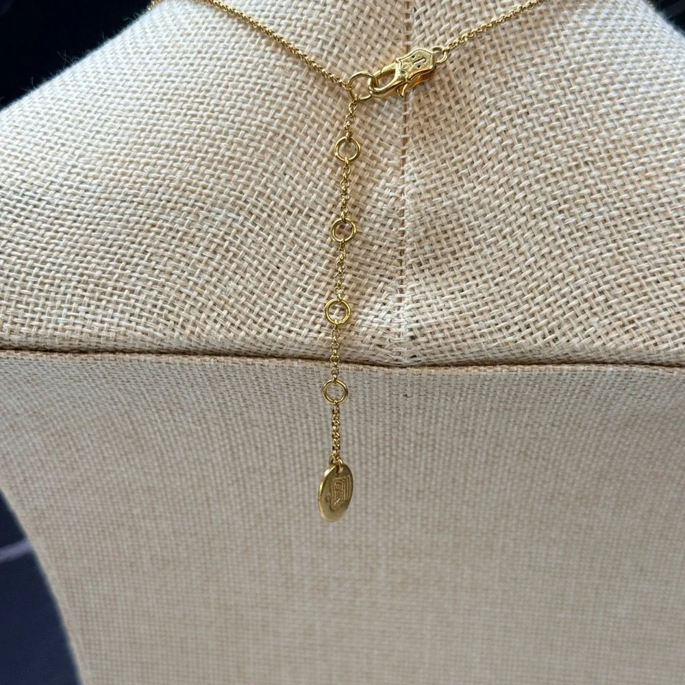 Juicy Couture Rhinestone Peace Sign Necklace Gold Tone Crown Logo Charm
